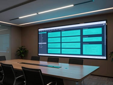 Wide environmental shot of a sleek corporate boardroom at night — a large display screen shows a structured digital catalog interface with turquoise typographic accents, room lit by screen glow and recessed ceiling strips, no people present