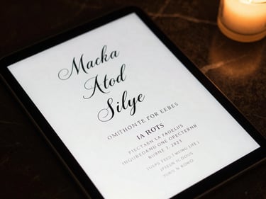 Overhead close-up of a single tablet on a dark marble surface displaying an elegant digital invitation with refined typography, warm candlelight at the frame edge, no people present