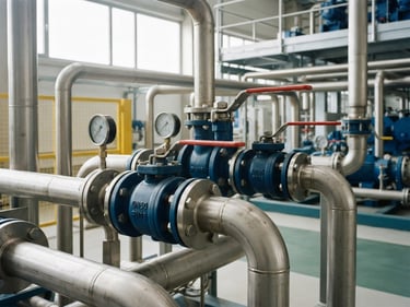 Close-up shot of heavy-duty industrial fuel valves and polished steel distribution pipes, bright daylight with soft shadows, clean industrial environment, sharp focus.