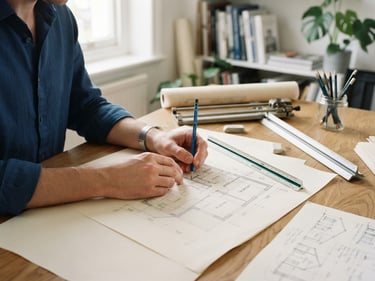Behind-the-scenes medium shot of an architectural designer's hands drafting a residential floor plan on a wooden desk, bright natural daylight, drafting tools and sketches nearby.