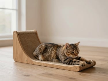 A sleek, minimalist natural wood cat scratch post in a modern interior, a cat stretching on it, soft natural light.