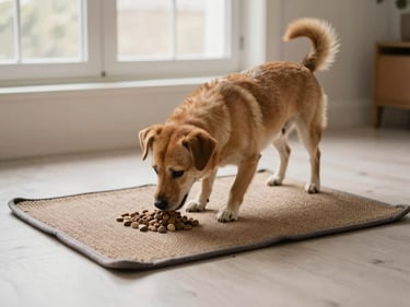 A dog interacting with a neutral-toned interactive foraging mat on a clean floor, soft natural window light.