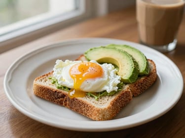 Freshly plated breakfast with poached eggs on sourdough toast, sliced avocado, soft natural lighting, elegant ceramic dish