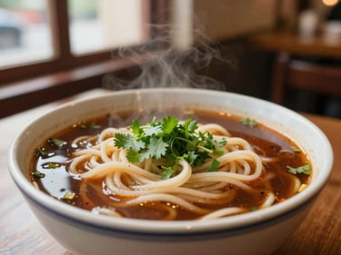 A steaming bowl of comforting local noodles in rich broth, fresh herbs on top, warm ambient restaurant lighting