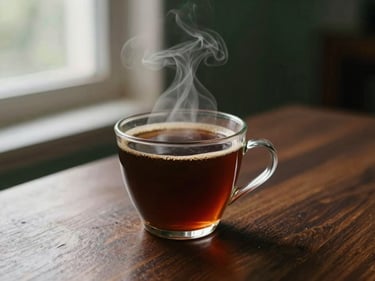 A steaming cup of pour-over coffee sitting on a dark wooden table, rich coffee brown tones, soft morning window light, shallow depth of field