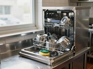 Commercial kitchen prep area, stainless steel counters being scrubbed, industrial dishwashing rack loaded with pots, daylight from side window, no staff faces visible