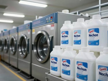 Commercial laundry bleach containers stacked beside industrial washing machines in a large laundry facility, fluorescent overhead lighting, no people