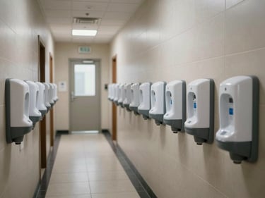 Rows of sanitizer dispensers mounted on a tiled wall in a hotel back-of-house corridor, natural daylight from end of corridor, empty hallway showing operational scale