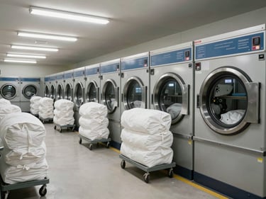 Commercial laundry room with rows of industrial washing machines in operation, white linen bundles on trolleys, fluorescent overhead lighting, wide environmental framing showing scale