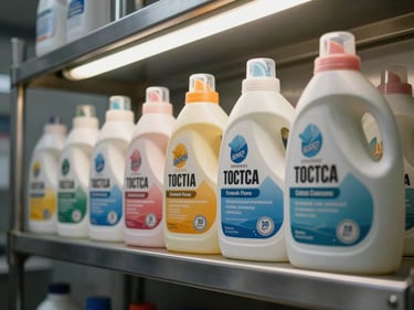 Close-up of professional detergent bottles lined on a stainless steel shelf in an industrial kitchen, overhead fluorescent light, labels facing forward