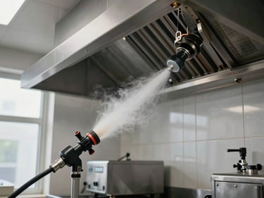 Industrial degreaser spray being applied to a commercial kitchen hood, wide shot showing the scale of the equipment, daylight from a side window