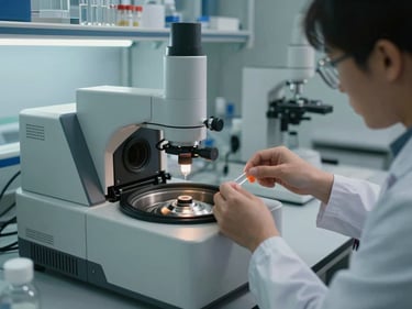 Laboratory bench with clinical analysis equipment in active use, glass tubes and centrifuge visible, technician's hands handling a sample under cool window light from the left