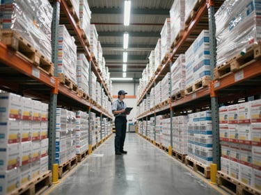 Wide shot of a pharmaceutical distribution warehouse aisle, pallets of medication boxes stacked on industrial shelving under fluorescent overhead light, a worker with a clipboard mid-aisle