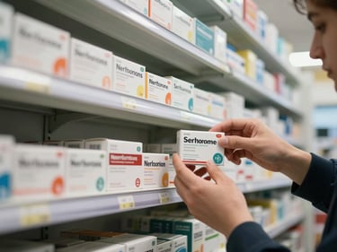 Close-up of pharmacy shelves being restocked, rows of medicine boxes aligned on white shelving under practical overhead light, hands placing a product
