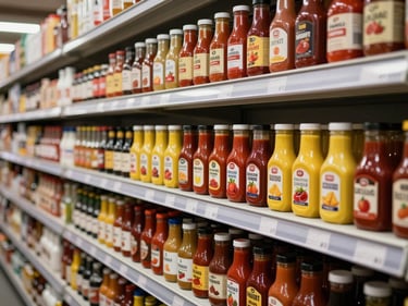 Organized warehouse shelf displaying rows of condiment bottles and jars — ketchup, mustard, hot sauce, and sauces in uniform packaging lined up in bulk quantity under clean bright warehouse lighting