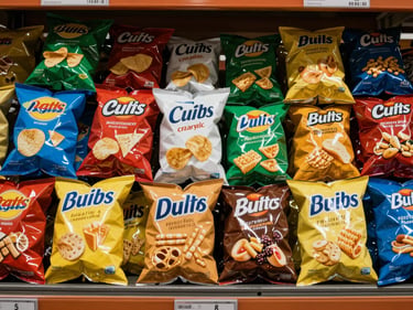 Close-up overhead view of bulk packaged snack goods — bags of chips, crackers, and mixed snacks grouped by category in warehouse bins under even fluorescent lighting, tightly packed and clearly organized