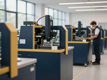 Clean, modern manufacturing floor with automated machinery and focused technicians, soft natural daylight, deep navy and gold accents, shallow depth of field