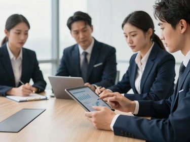 Professional small business team meeting in a modern conference room, analyzing data on a tablet, soft natural daylight, deep navy and gold accents, shallow depth of field