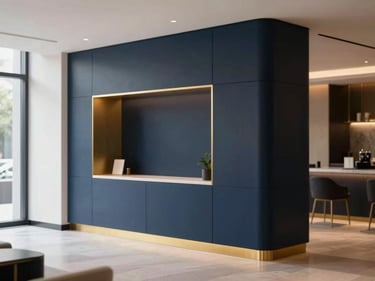 Interior of a luxurious, minimalist boutique hotel lobby, soft natural daylight, deep navy and gold accents, shallow depth of field