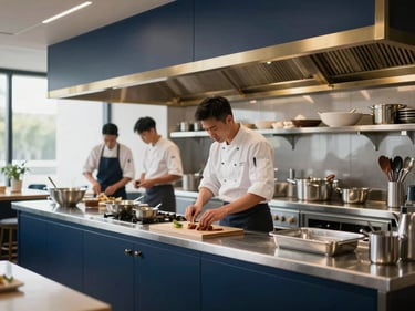 Clean, modern restaurant kitchen with stainless steel surfaces and chefs working efficiently, soft natural daylight, deep navy and gold accents, shallow depth of field