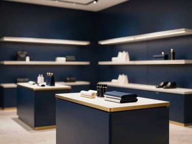 High-end retail interior with minimalist product displays and elegant lighting, soft natural daylight, deep navy and gold accents, shallow depth of field