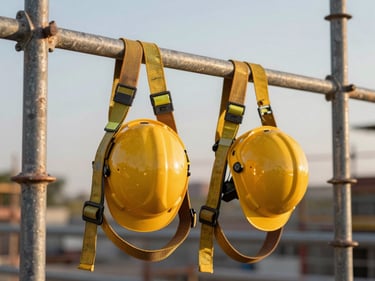Safety harness and hard hat hanging on a steel scaffold rail at an industrial construction site, golden hour side light, close-up detail, documentary style