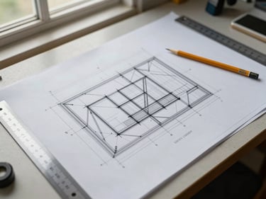 Overhead technical shot of structural engineering drawings spread on a site table, pencil and scale ruler visible, natural window light, documentary framing, no people