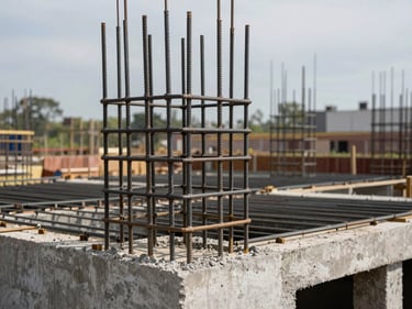 Close-up of concrete foundation formwork and rebar grid on a residential building site, natural overcast daylight, documentary framing, no people