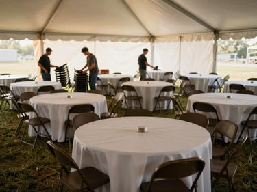 Rows of round banquet tables being set up inside a tent, folding chairs stacked nearby, crew arranging furniture, warm daylight filtering through tent sidewalls