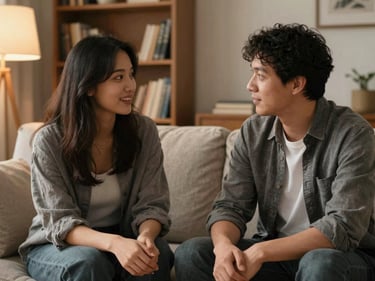 Intimate medium shot of two people seated side by side on a home sofa in conversation, warm lamp light, a bookshelf softly visible in the background, muted warm grays and ochre, genuine and unhurried