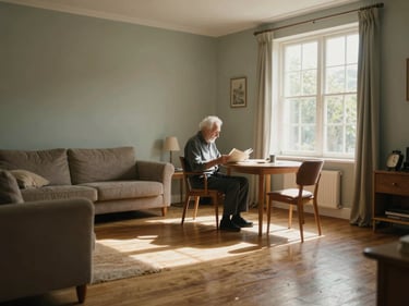 Wide shot of a sunlit living room, an elderly man seated comfortably reading at a table near a window, warm afternoon light pooling across wooden floorboards, muted sage and ochre tones, documentary feel
