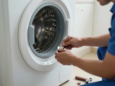 Close-up of technician hands opening a front-loading washing machine in a home laundry room, bright daylight, repair tools on floor, documentary framing
