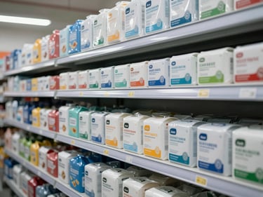 Organized rows of packaged consumer consumable goods on warehouse shelving, cool fluorescent lighting, uniform product labels visible, clean sightlines, no people