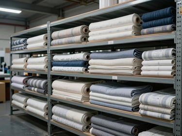 Wide shot of neatly folded and stacked textile bolts on industrial shelving, cool even overhead lighting, fabric rolls labeled and organized by category, no people