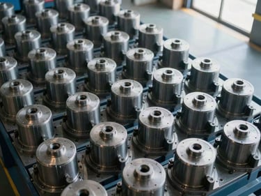 Overhead close-up of heavy industrial machinery components arranged in organized rows on a warehouse floor, cool daylight from skylights, clean steel surfaces, no people