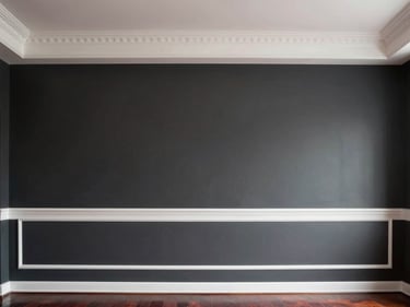 Modern living room with a deep charcoal painted accent wall, crisp white trim, flawless smooth paint texture
