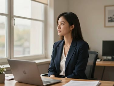 A professional sitting in a bright home office, looking thoughtfully out a window, warm editorial photography, soft daylight