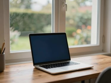 A remote workspace near a window overlooking a quiet garden, a laptop open, professional and serene environment, 35mm photography