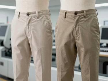 Pair of well-fitted chino trousers on a mannequin, showcasing fabric texture and clean lines, bright studio light, 35mm