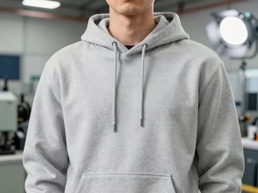 Close-up of a model wearing a heavy cotton drop-shoulder hoodie, clean stitching, industrial background, bright studio light, professional corporate tones.