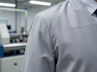 Close-up of a custom embroidered jacket, detailed stitching, structured fabric, industrial setting, crisp lighting, professional corporate tones.