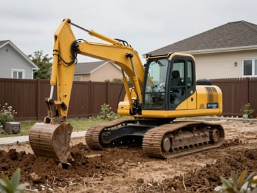Mini-excavator working in a residential Rive-Sud backyard, fresh earth turned, clay soil texture clearly visible, overcast daylight, no lifestyle staging, fence and neighboring home in background