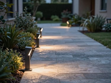 Low-voltage landscape lighting fixtures installed along a stone pathway in a finished Rive-Sud yard, soft warm glow on paving surface captured in early dusk, surrounding plantings visible