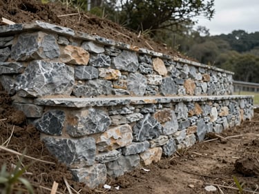 Finished stone retaining wall on a sloped Rive-Sud yard, stacked natural stone blocks with visible mortar joints, surrounding soil stabilized, overcast natural light showing wall height and structure
