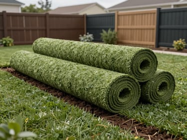 Freshly installed sod rolls on a Rive-Sud suburban backyard, soil edge visible at seam line, soft overcast light revealing green density and installation quality, neighboring fence in background