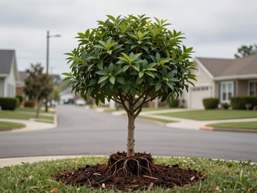 Newly planted ornamental tree in a Rive-Sud front yard, root ball visible at soil line, mulch ring around base, residential street and neighboring homes softly in background, overcast daylight