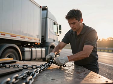 A professional truck driver, wearing work gloves, tightening heavy-duty chains and binders on a flatbed load, focused and precise, with a modern truck in the background.