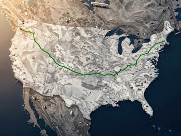 An aerial view of a detailed map of the continental United States, with a green line tracing a typical hotshot route from Tennessee to California, at sunrise.