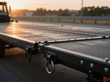 Close-up of a black 40ft gooseneck flatbed trailer deck, showing heavy-duty D-rings and securement points, with a blurred highway background at golden hour.