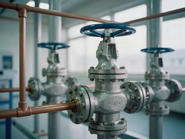 Close-up of industrial HVAC valves and copper piping in a clean utility room, cool steel tones, 35mm lens